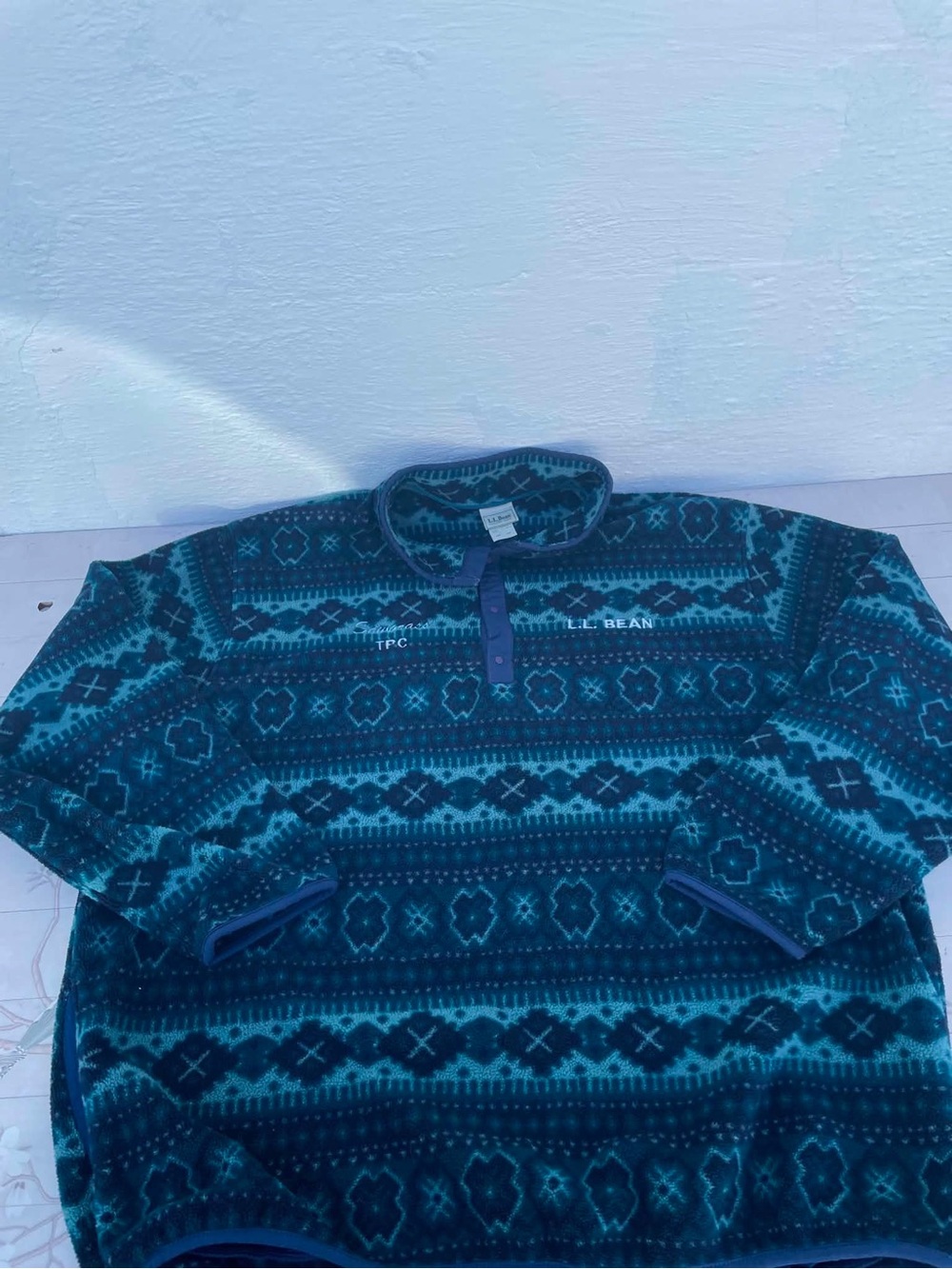 L.L. Bean Teal and Navy Patterned Zip Fleece